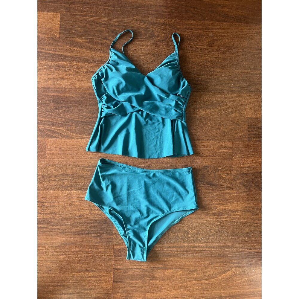 Teal Tankini Swimsuit Set Women’s Large Two Piece Flowy Top High Waist Bottom